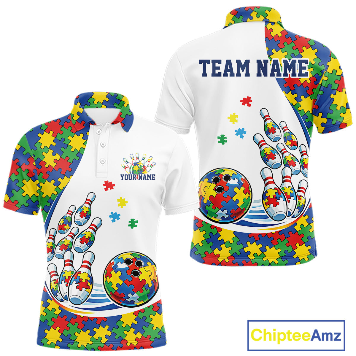 Men’s bowling polo shirt mockup front and back featuring colorful autism bowling strike theme with puzzle-inspired artwork on white shirt