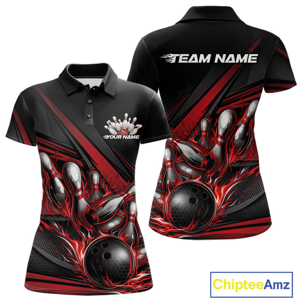 Women’s polo shirt mockup front and back showing red flame bowling ball striking pins with abstract geometric stripe details on black