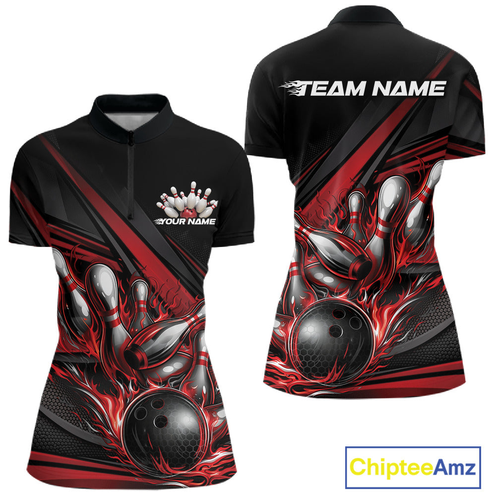 Front and back view of a women’s quarter-zip bowling shirt mockup in black, featuring red flame bowling ball striking pins with abstract geometric stripe pattern.