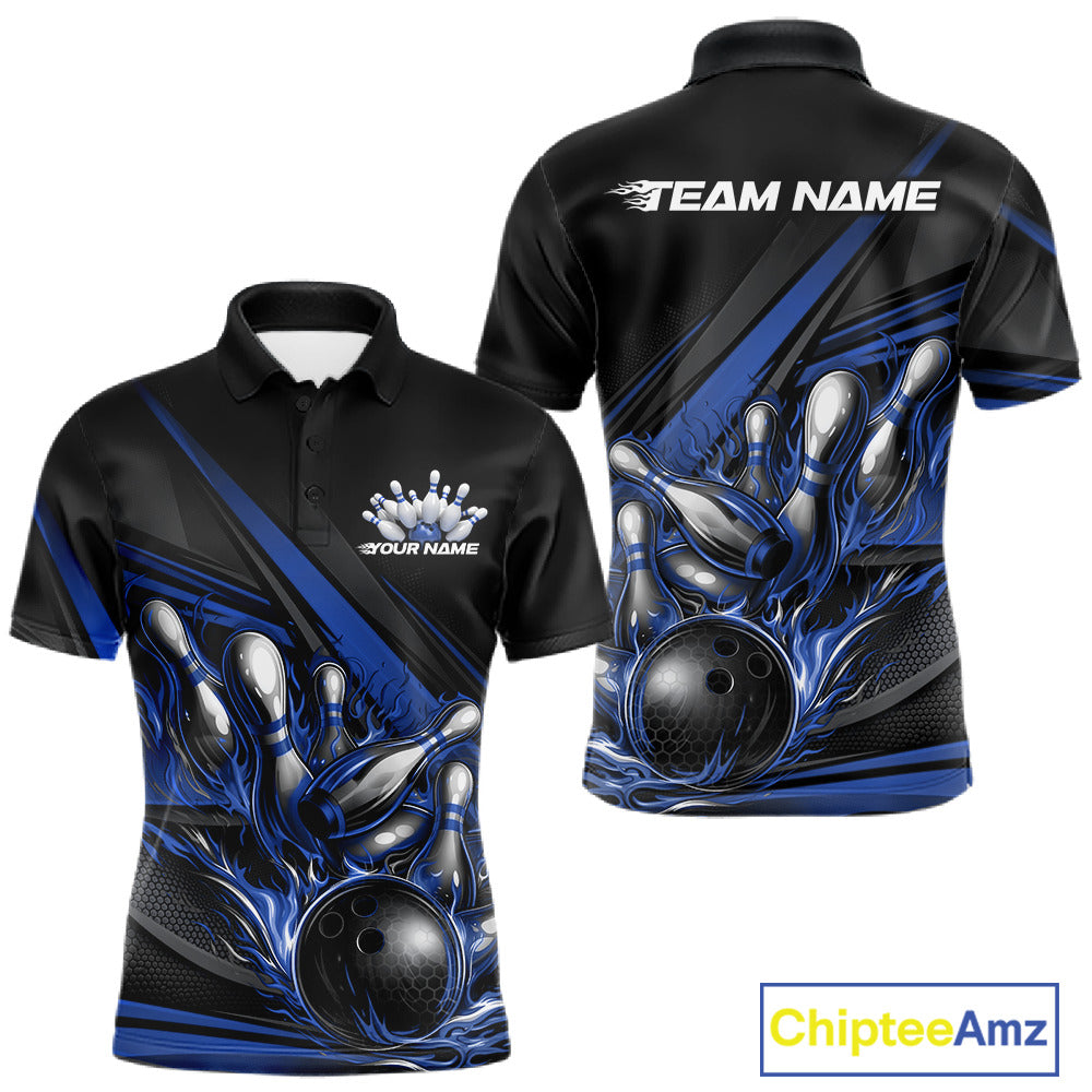 Men’s bowling polo shirt mockup front and back showing blue flame bowling ball striking pins with abstract geometric stripes on black fabric