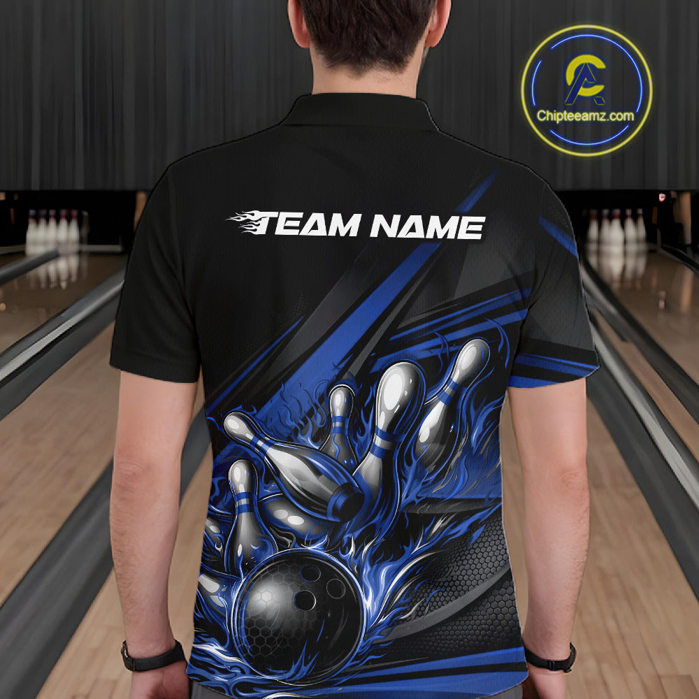 Male model at a bowling lane, back view of black polo shirt showcasing blue flame bowling ball and pins with abstract geometric accents