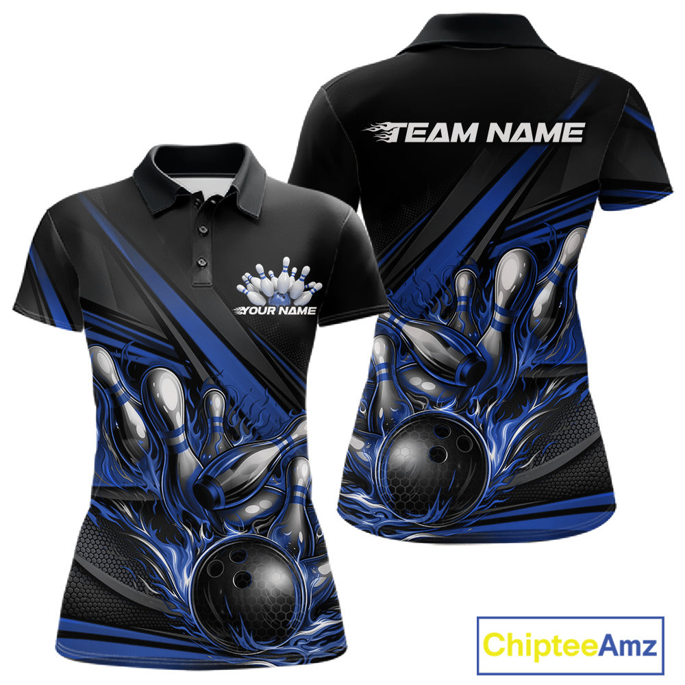 Women’s polo shirt mockup front and back featuring blue flame bowling ball striking pins with geometric stripe accents on black fabric