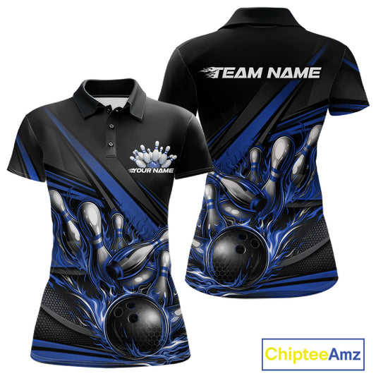 Women’s polo shirt mockup front and back featuring blue flame bowling ball striking pins with geometric stripe accents on black fabric