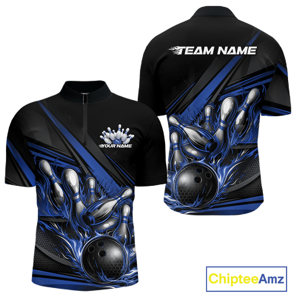 Front and back view of a men’s quarter-zip bowling shirt mockup in black, featuring blue flame bowling ball striking pins with abstract stripe design.