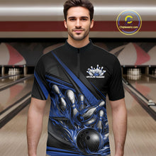 Load image into Gallery viewer, Custom Black And Blue Flame Bowling Team Jersey, Bowling Tournament Men Quarter-Zip Shirt IPHW11206