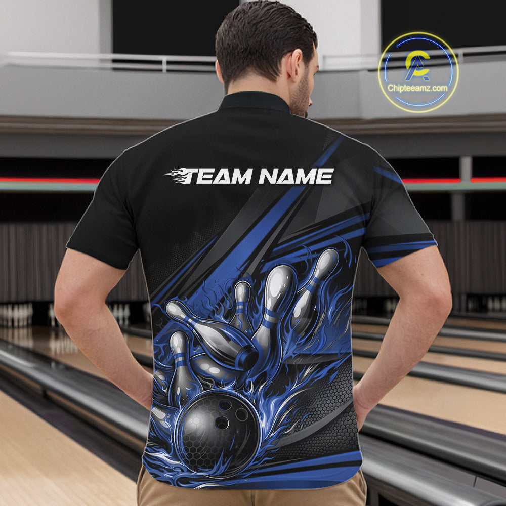 Male model in a bowling lane wearing a black quarter-zip shirt, blue flame bowling strike artwork with bold abstract motion graphics.