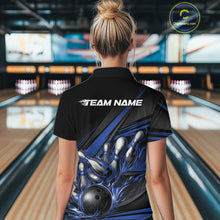 Load image into Gallery viewer, Custom Black And Blue Flame Bowling Jersey, Bowling Tournament Women Quarter-Zip Shirt IPHW11206