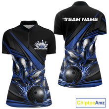 Load image into Gallery viewer, Custom Black And Blue Flame Bowling Jersey, Bowling Tournament Women Quarter-Zip Shirt IPHW11206