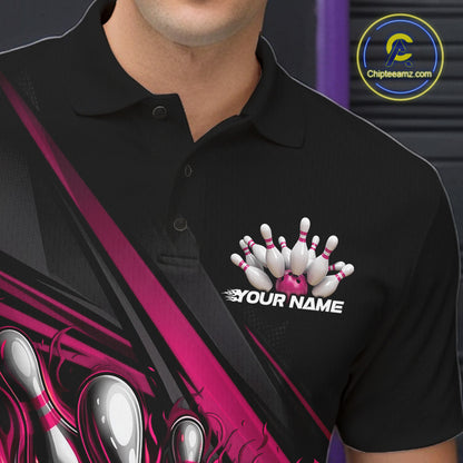 Close-up left chest detail of black bowling polo shirt featuring hot pink flame bowling ball and pins emblem with geometric accents