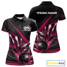 Load image into Gallery viewer, Custom Black And Hot Pink Flame Bowling Team Jersey, Bowling Tournament Women Polo Shirt IPHW11208