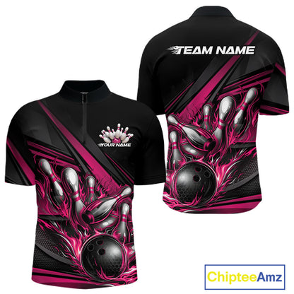 Front and back view of a men’s quarter-zip bowling shirt mockup in black, featuring hot pink flame bowling ball striking pins with geometric stripe patterns.
