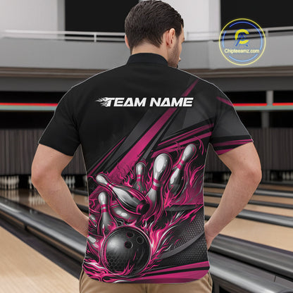 Male model in a bowling lane wearing a black quarter-zip shirt, vibrant hot pink flame bowling strike illustration with geometric accents.