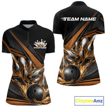Load image into Gallery viewer, Custom Black And Gold Flame Bowling Team Jersey, Tournament Women Quarter-Zip Shirt IPHW11209