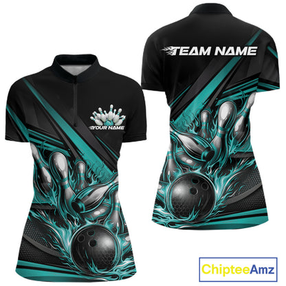 Front and back view of a women’s quarter-zip bowling shirt mockup in black, featuring turquoise flame bowling ball striking pins with abstract geometric stripe accents.