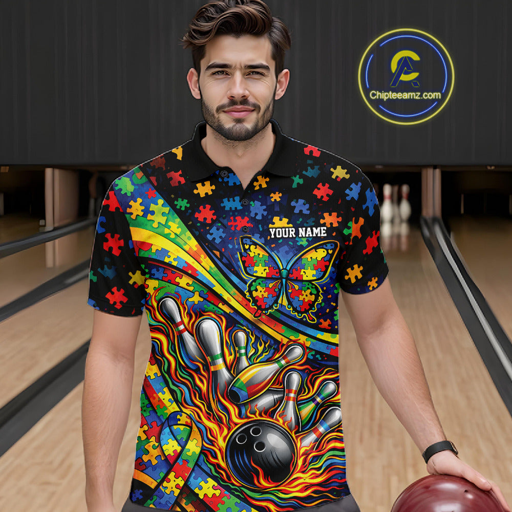 Male model in a bowling lane wearing a colorful polo shirt, front view featuring autism ribbon, butterfly, and flame bowling strike design