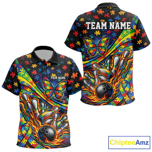 Kid’s polo shirt mockup front and back showing autism awareness ribbon with butterfly and flame bowling graphics in colorful design