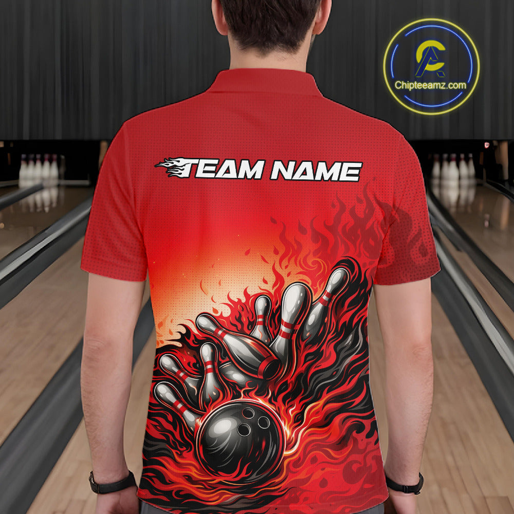 Male model in a bowling lane wearing a red polo shirt, back view featuring flame bowling ball striking pins dynamic artwork