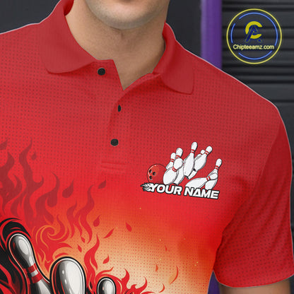 Close-up left chest detail of red bowling polo shirt showcasing flame bowling ball and pins emblem design