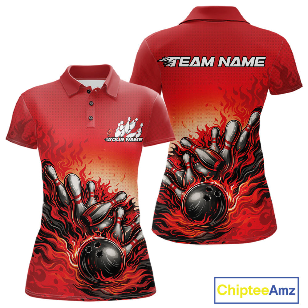 Women’s polo shirt mockup front and back views showcasing a red flame bowling ball striking pins graphic in a clean studio layout