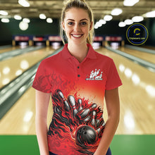 Load image into Gallery viewer, Custom Red Flame Bowling Tournament Women Polo Team Shirt, Fire Bowling League Shirt IPHW11215