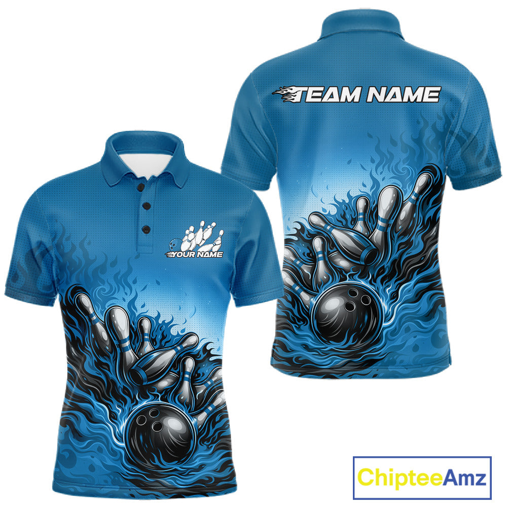 Men’s bowling polo shirt mockup front and back showing raccoon wearing sunglasses and patriotic bandana leaning on bowling ball illustration