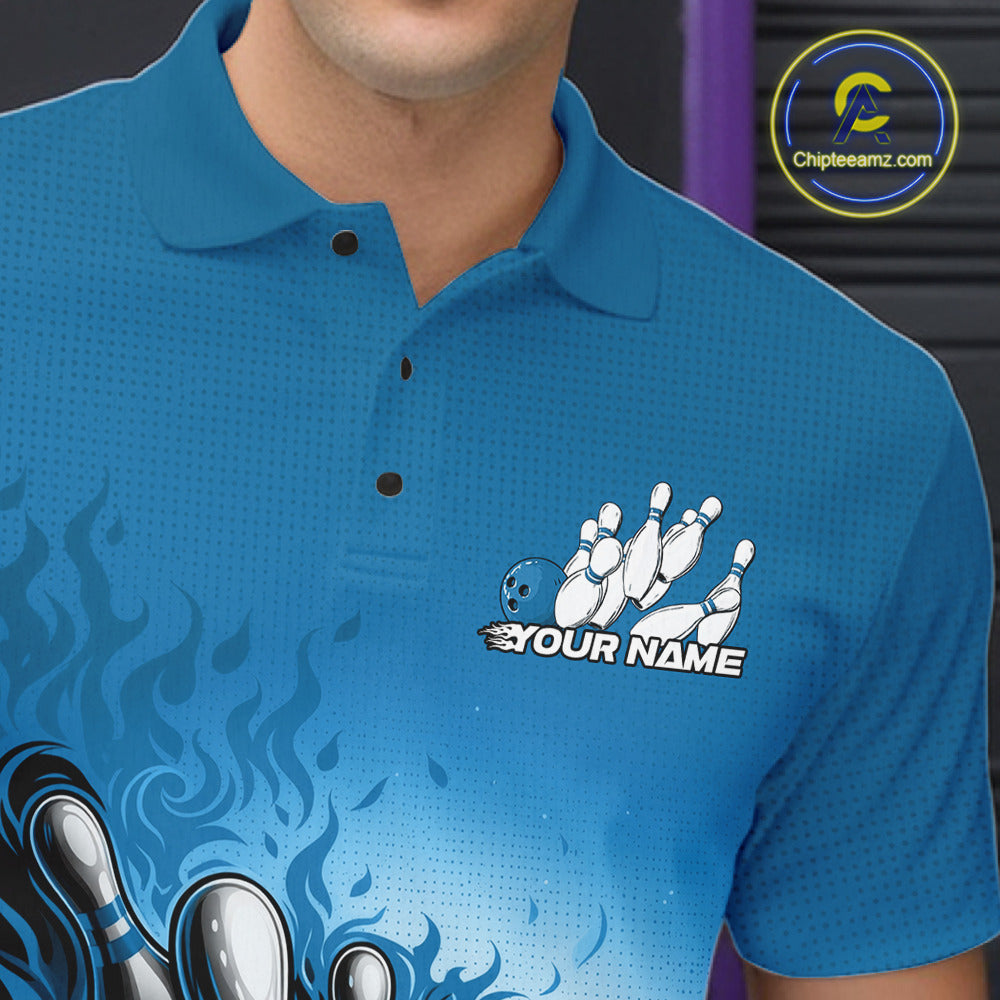 Close-up left chest detail of bowling polo shirt featuring raccoon in sunglasses with patriotic bandana and bowling ball design