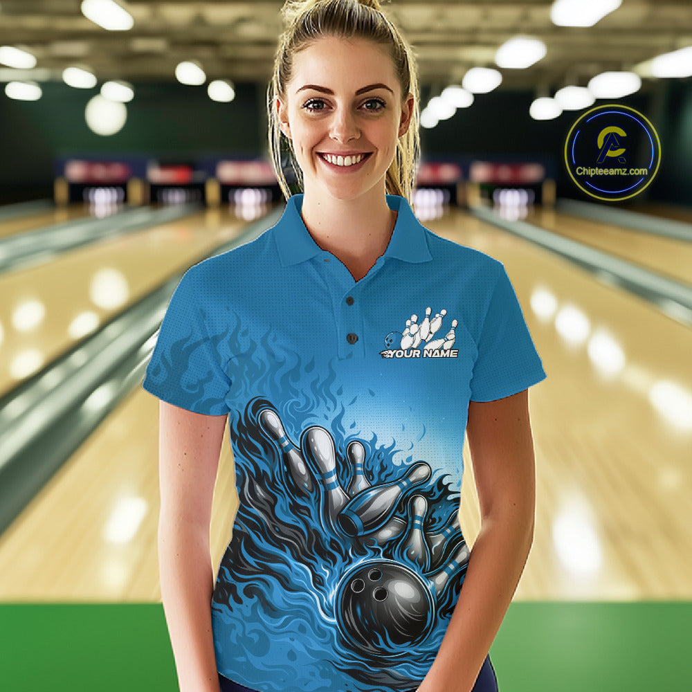 Female Model At Bowling Lane Front View Wearing Polo Shirt With Raccoon Character In Sunglasses Beside Bowling Ball In Playful Patriotic Style