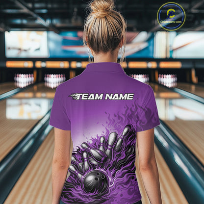 Back View Female Model Wearing Purple Bowling Polo Shirt Featuring Fiery Bowling Ball And Pins Illustration With Bold Action Styling
