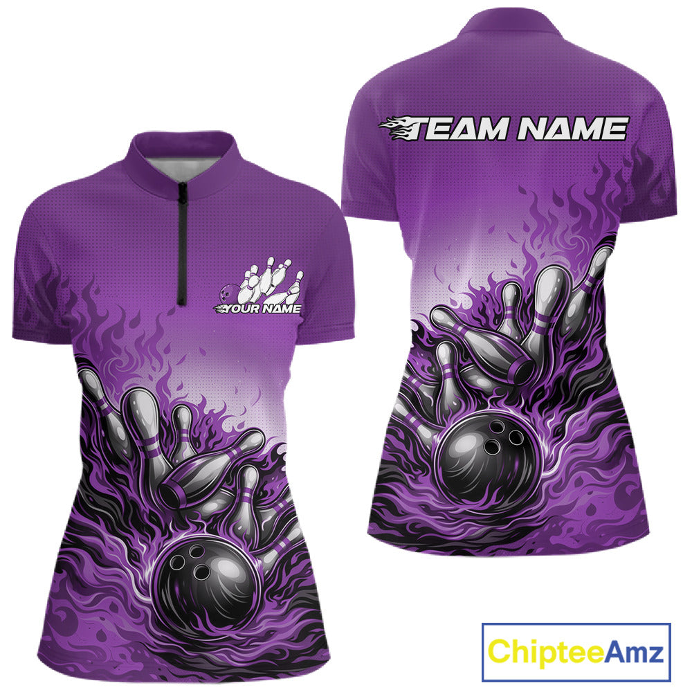 Front and back view of a women’s quarter-zip bowling shirt mockup in purple, featuring flame bowling ball and pins dynamic sports illustration.