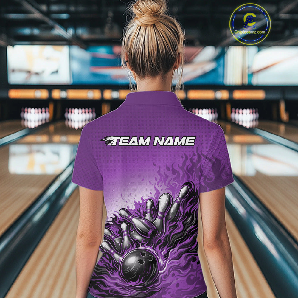 Back view of a female bowler wearing a purple quarter-zip shirt, flame bowling ball and pins illustration with dynamic motion design.