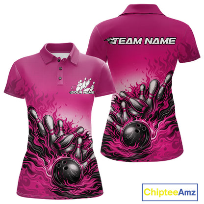 Front And Back View Of Women Polo Shirt Mockup In Pink Showing Flaming Bowling Ball Striking Pins With High-Energy Visual Effects