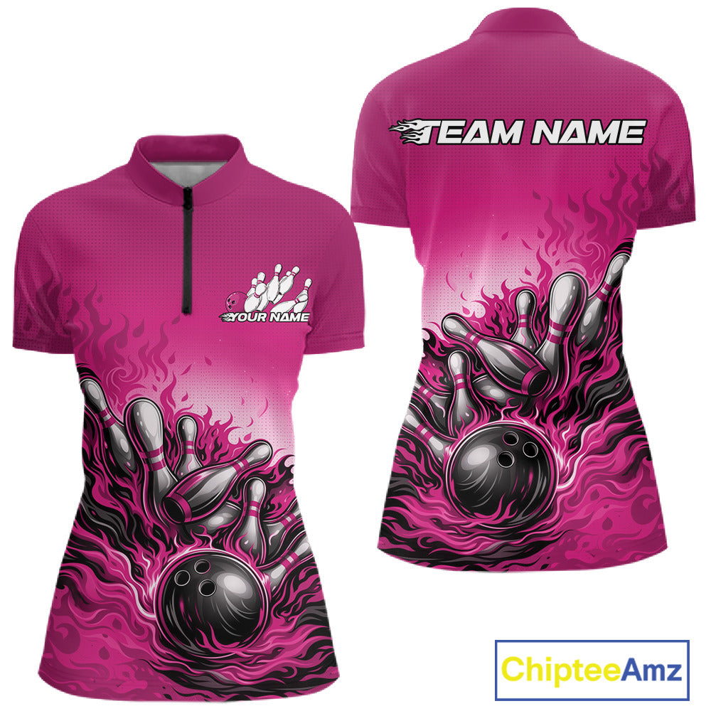 Front and back view of a women’s quarter-zip bowling shirt mockup in pink, featuring flame bowling ball and pins sporty illustration.