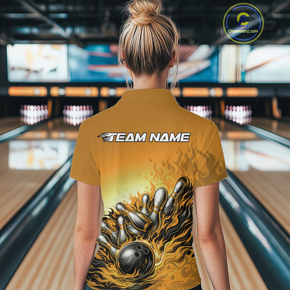 Back View Female Model Wearing Yellow Bowling Polo Shirt Featuring Flame Bowling Ball And Pins Artwork With Bold Action Scene Design