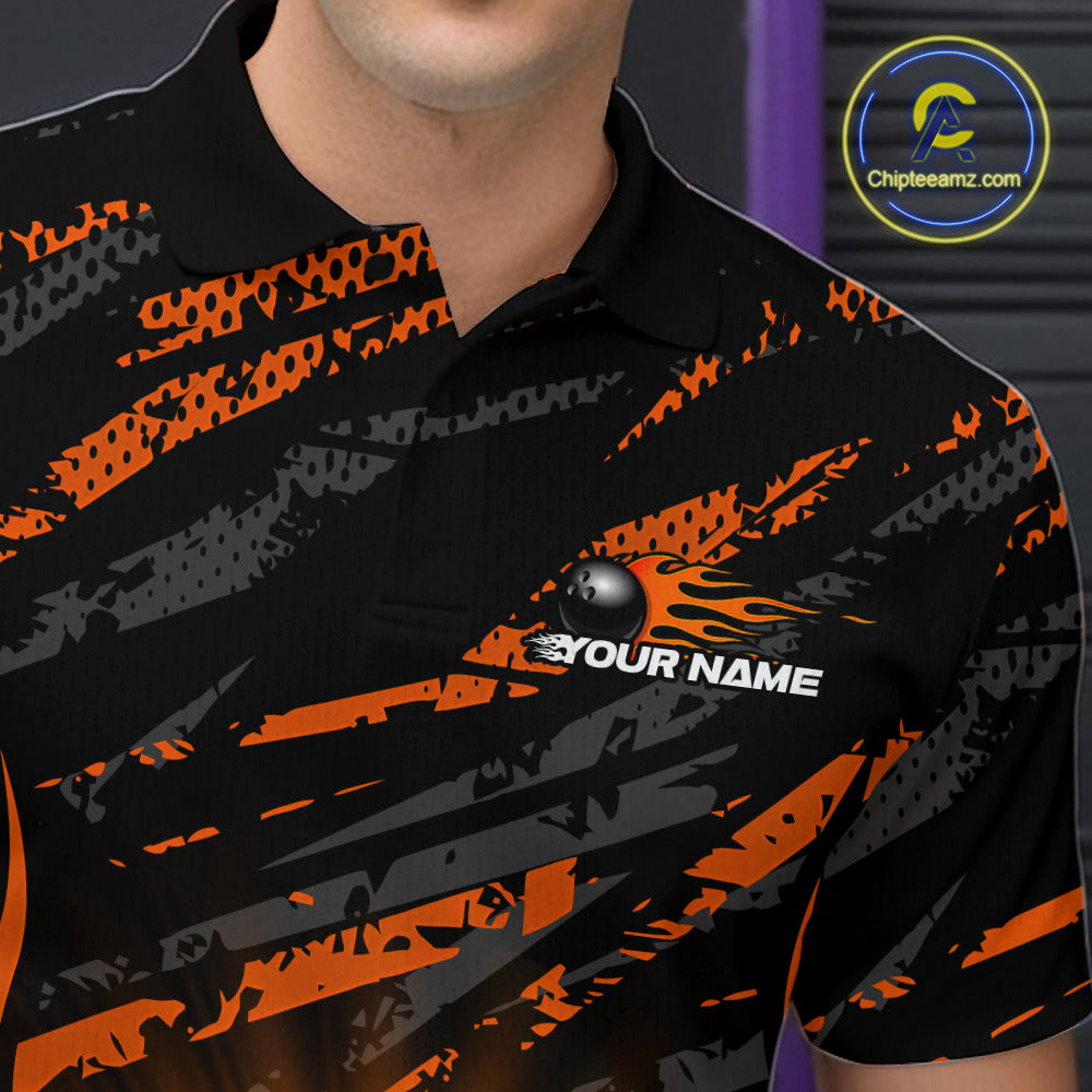 Custom Orange Camo Funny Flame Bowling Men Polo Shirts, Bowling Team League Shirt IPHW10091