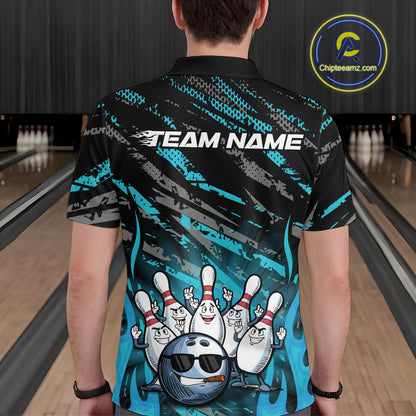 Custom Blue Camo Funny Flame Bowling Men Polo Shirts, Bowling Team League Shirt IPHW10092