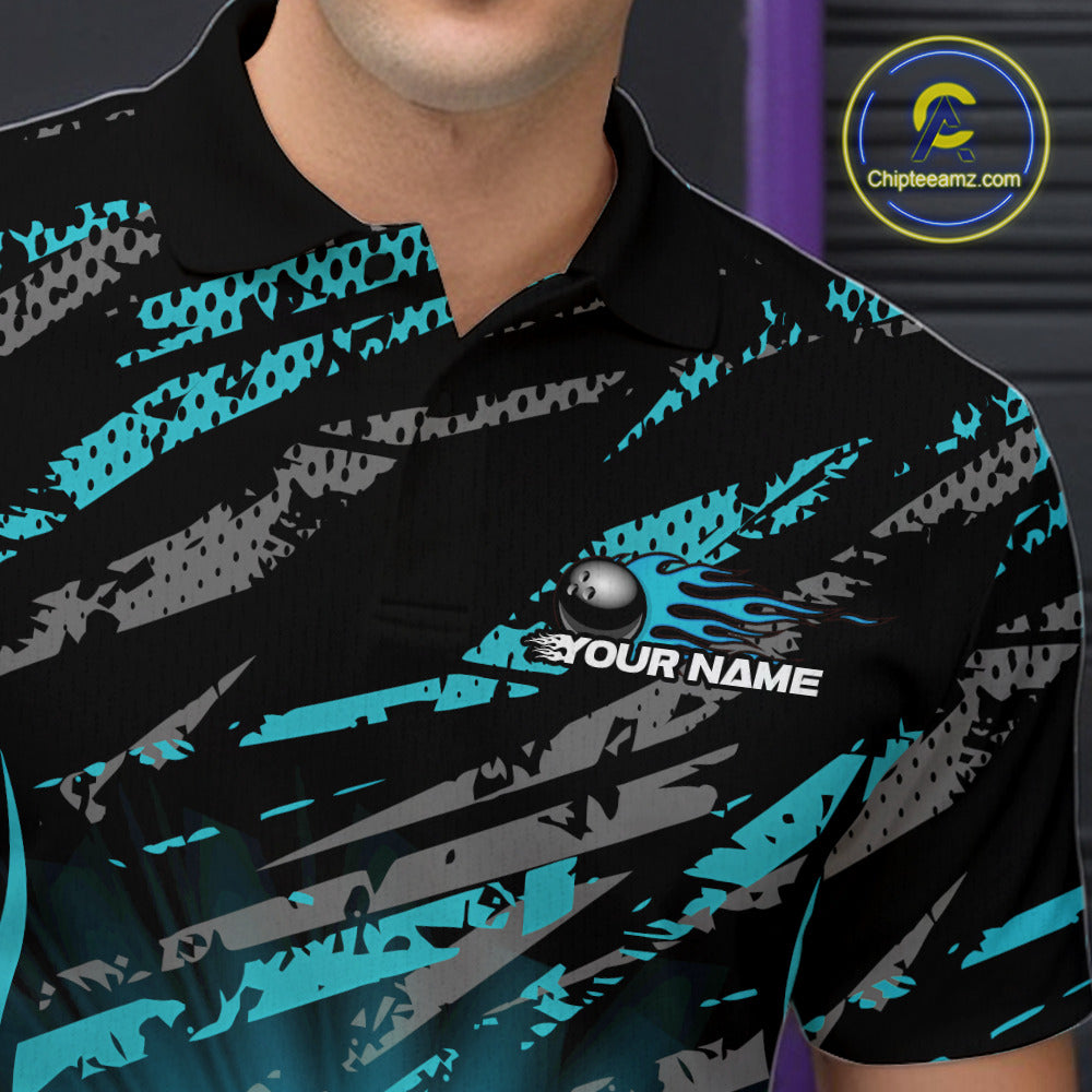 Custom Blue Camo Funny Flame Bowling Men Polo Shirts, Bowling Team League Shirt IPHW10092