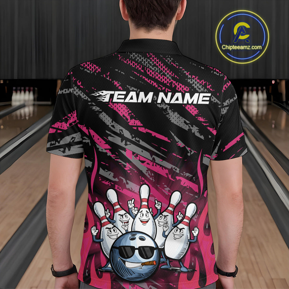 Custom Pink Camo Funny Flame Bowling Men Polo Shirts, Bowling Team League Shirt IPHW10093
