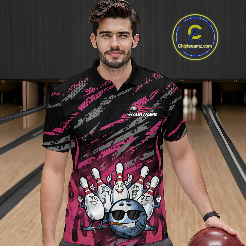 Custom Pink Camo Funny Flame Bowling Men Polo Shirts, Bowling Team League Shirt IPHW10093