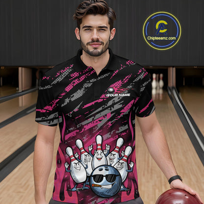 Custom Pink Camo Funny Flame Bowling Men Polo Shirts, Bowling Team League Shirt IPHW10093