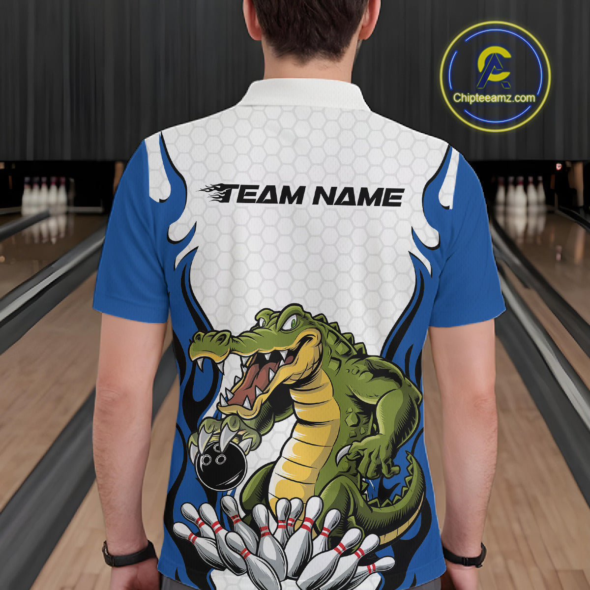 Custom Funny Alligator Bowling Men Polo Shirt, Alligator Blue Bowling Team League Shirt IPHW10684