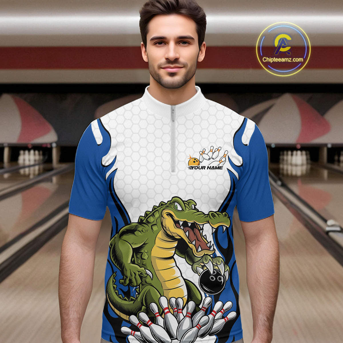 Custom Funny Alligator Bowling Men Quarter-Zip Shirt, Alligator Blue Bowling Team League Shirt IPHW10684