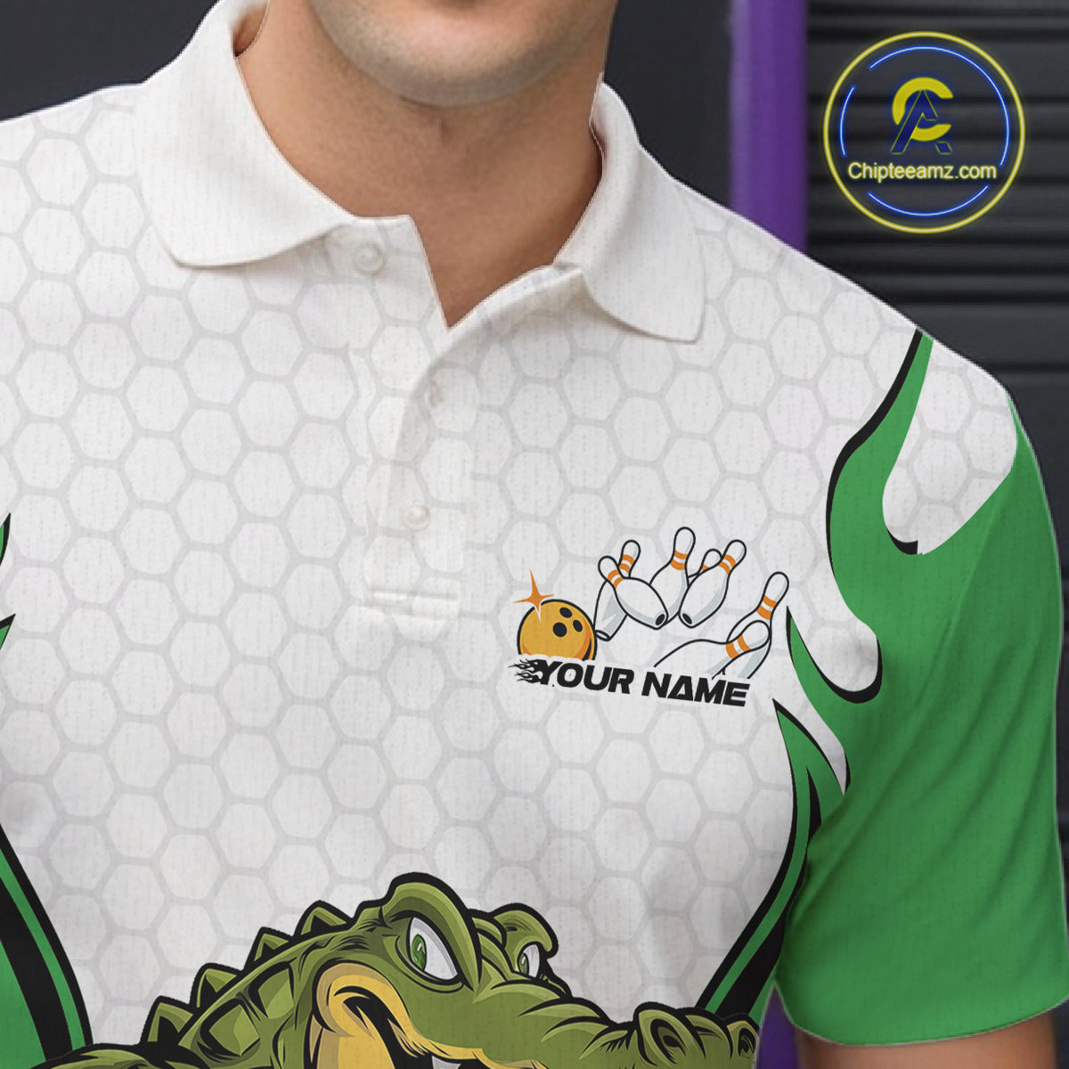 Custom Funny Alligator Bowling Men Polo Shirt, Alligator Green Bowling Team League Shirt IPHW10685