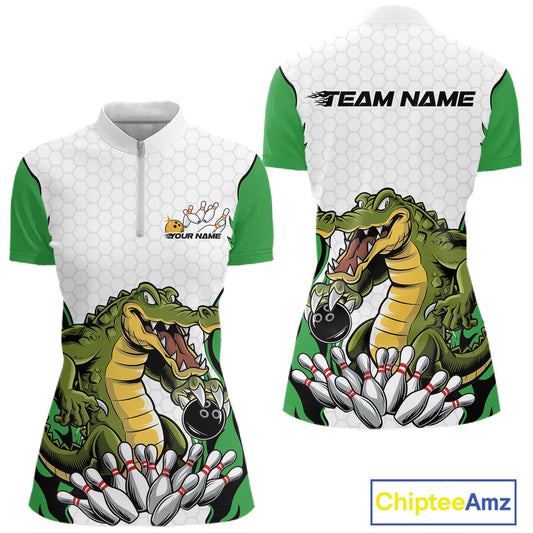 Custom Funny Alligator Women Bowling Shirts, Alligator Green Bowling Team League Shirt IPHW10685