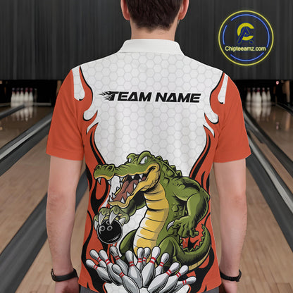 Custom Funny Alligator Bowling Men Polo Shirt, Alligator Orange Bowling Team League Shirt IPHW10686