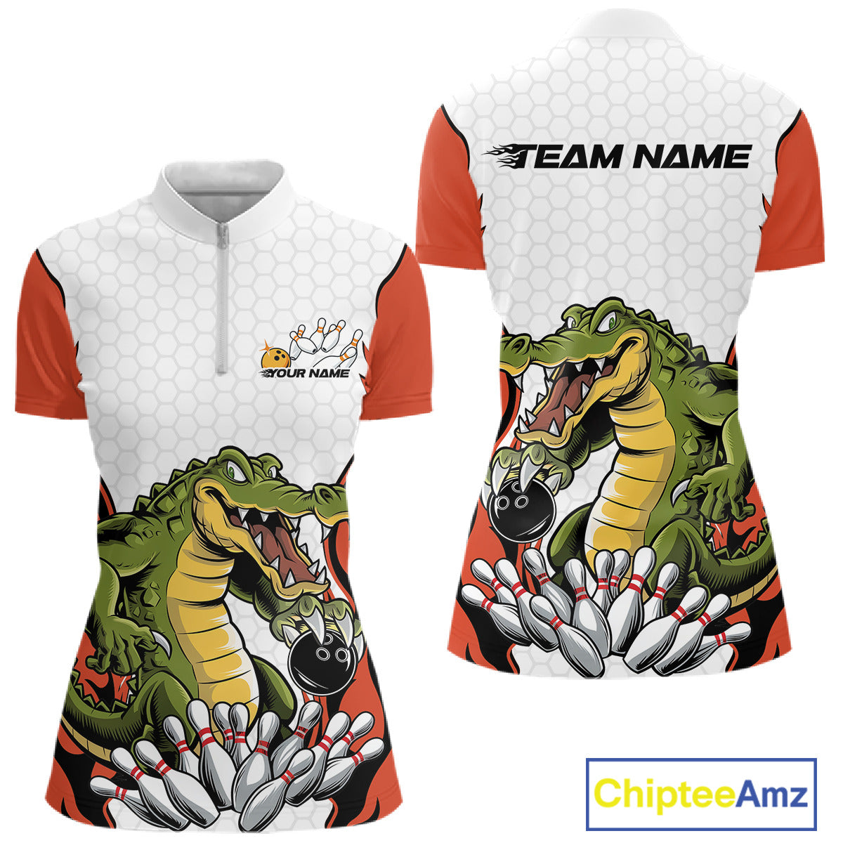 Custom Funny Alligator Women Bowling Shirts, Alligator Orange Bowling Team League Shirt IPHW10686