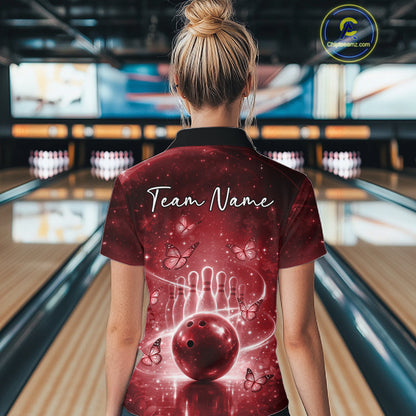 Custom Red Butterfly Women Bowling Polo Shirt, Ladies Bowling League Shirt IPHW10921