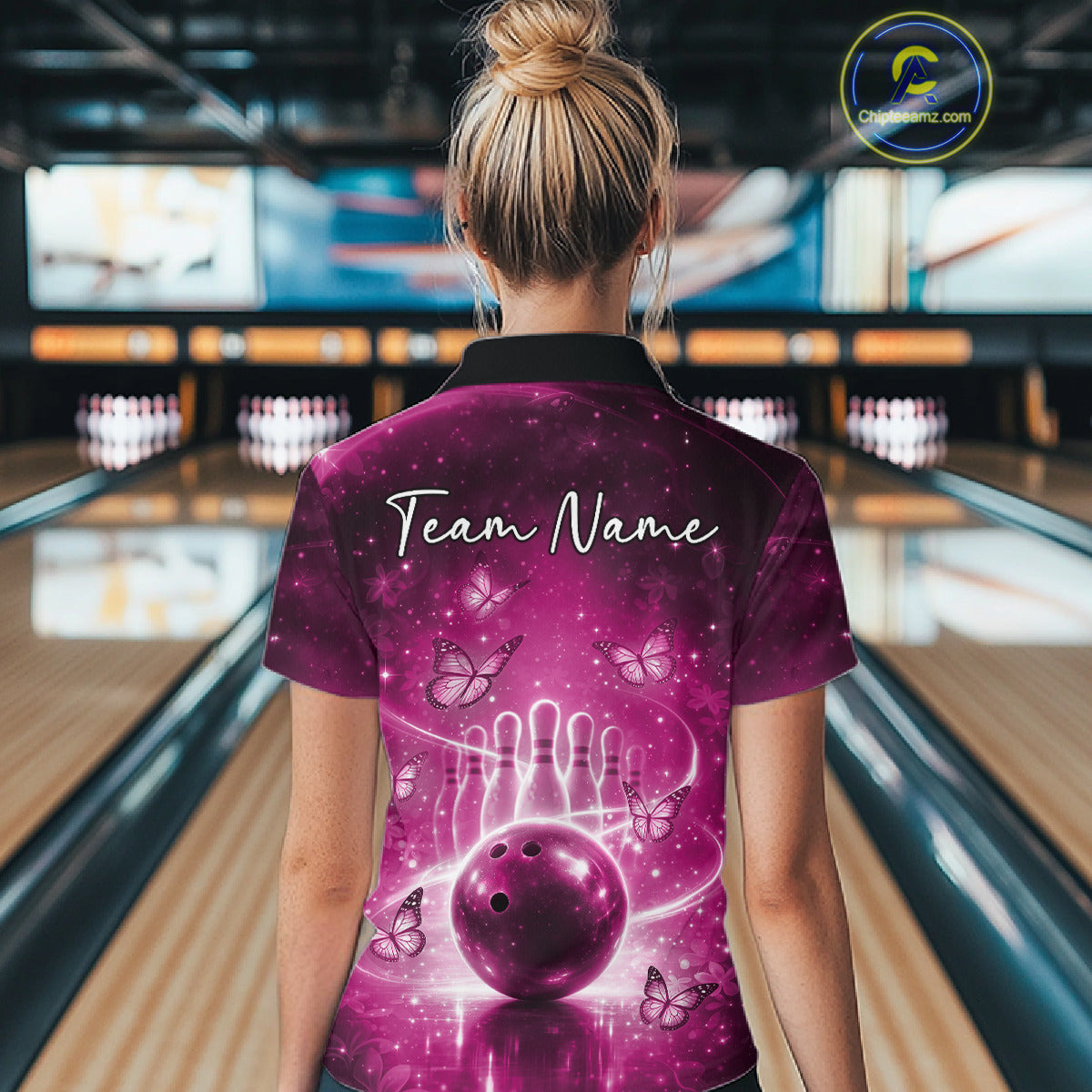 Custom Pink Butterfly Women Bowling Polo Shirt, Ladies Bowling League Shirt IPHW10923