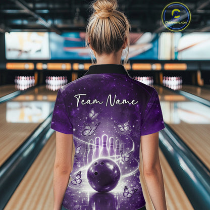 Custom Purple Butterfly Women Bowling Polo Shirt, Ladies Bowling League Shirt IPHW10924