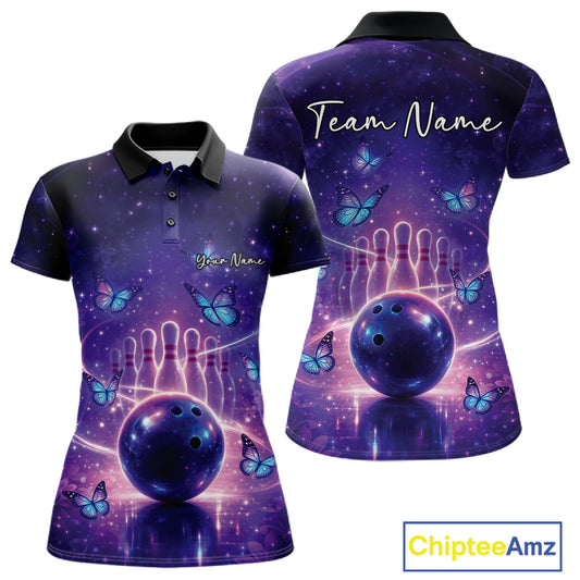 Custom Blue And Purple Butterfly Women Bowling Polo Shirt, Ladies Bowling League Shirt IPHW10925