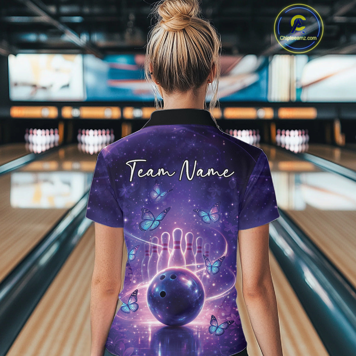 Custom Blue And Purple Butterfly Women Bowling Polo Shirt, Ladies Bowling League Shirt IPHW10925